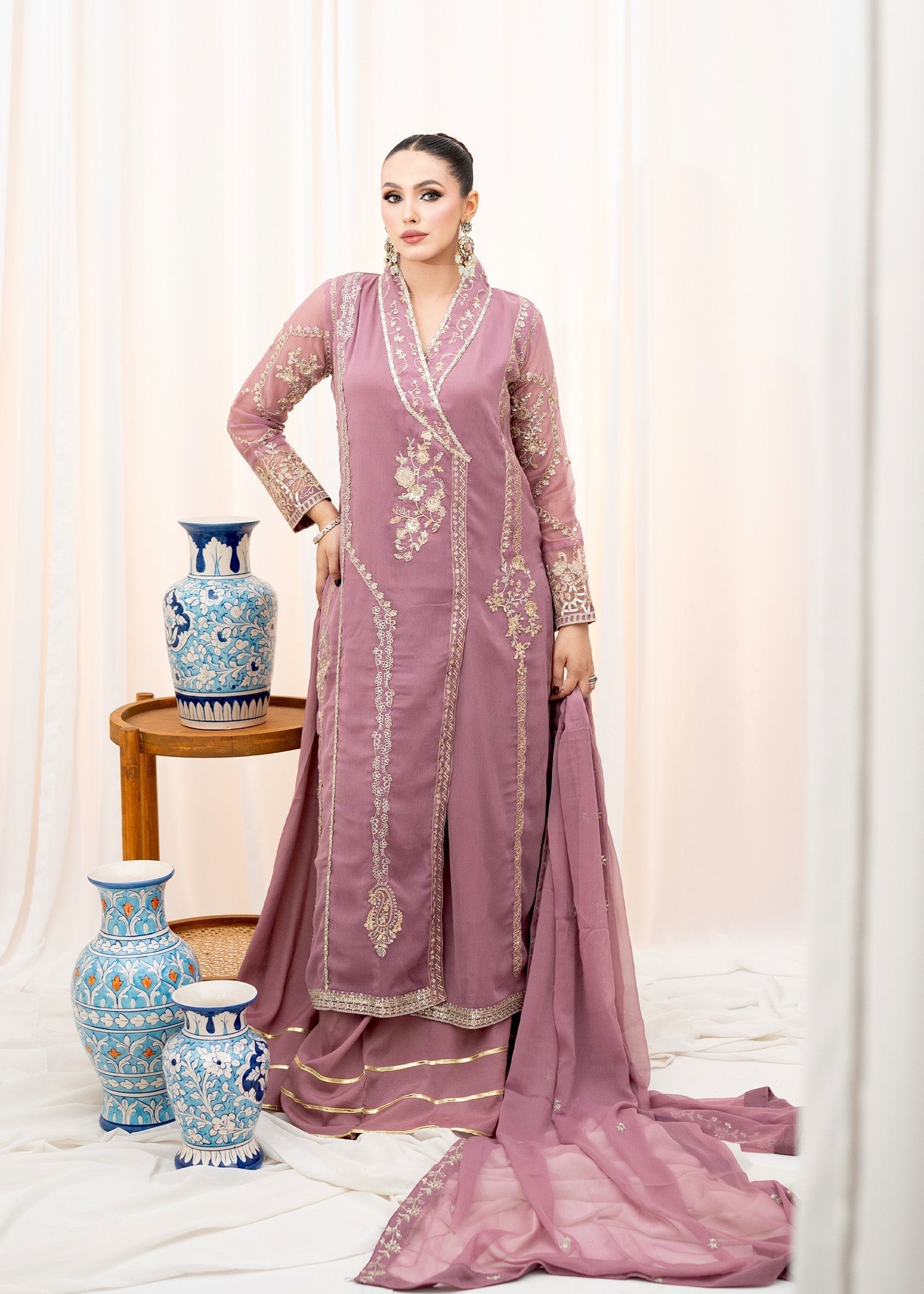 Pakistani Tea Rose Pink Embroidered Chiffon Angrakha (3-Piece) - Image 1