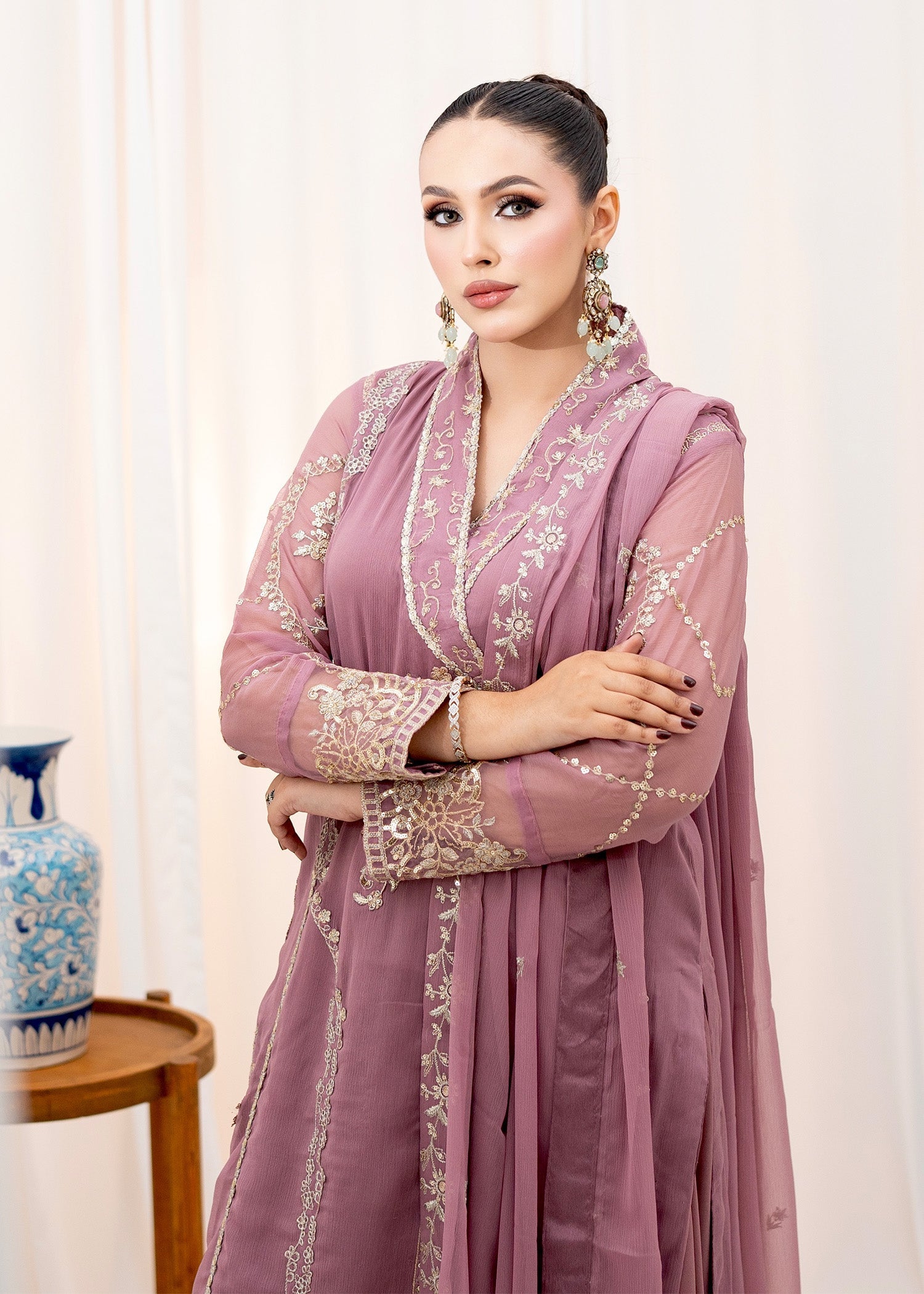 Pakistani Tea Rose Pink Embroidered Chiffon Angrakha (3-Piece) - Image 2