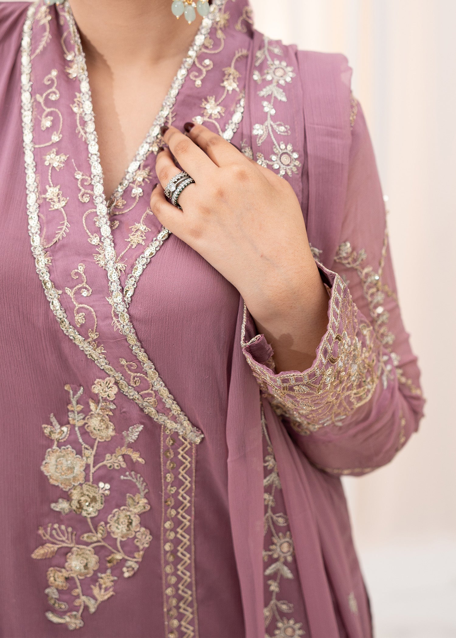 Pakistani Tea Rose Pink Embroidered Chiffon Angrakha (3-Piece) - Image 3