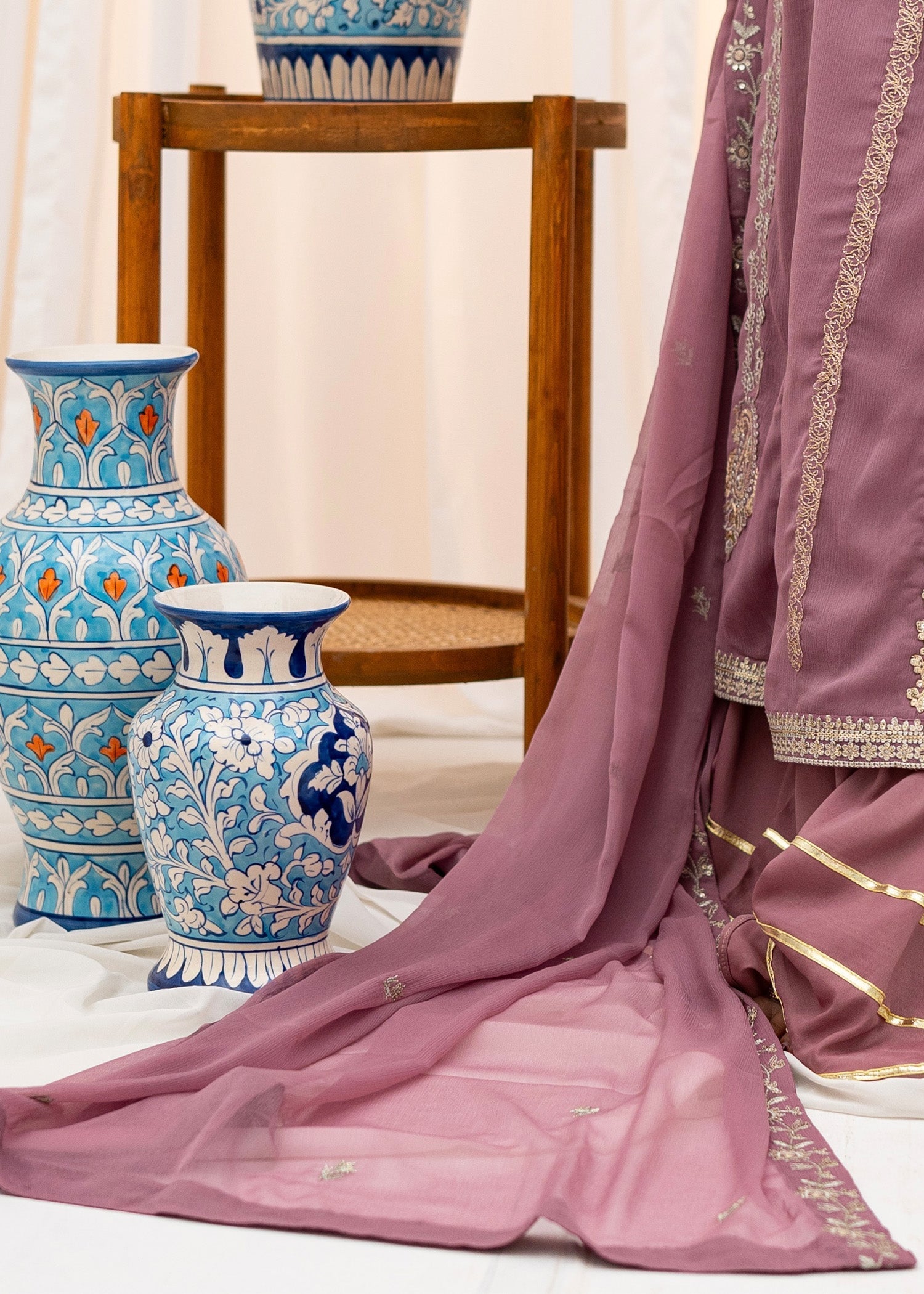 Pakistani Tea Rose Pink Embroidered Chiffon Angrakha (3-Piece) - Image 4