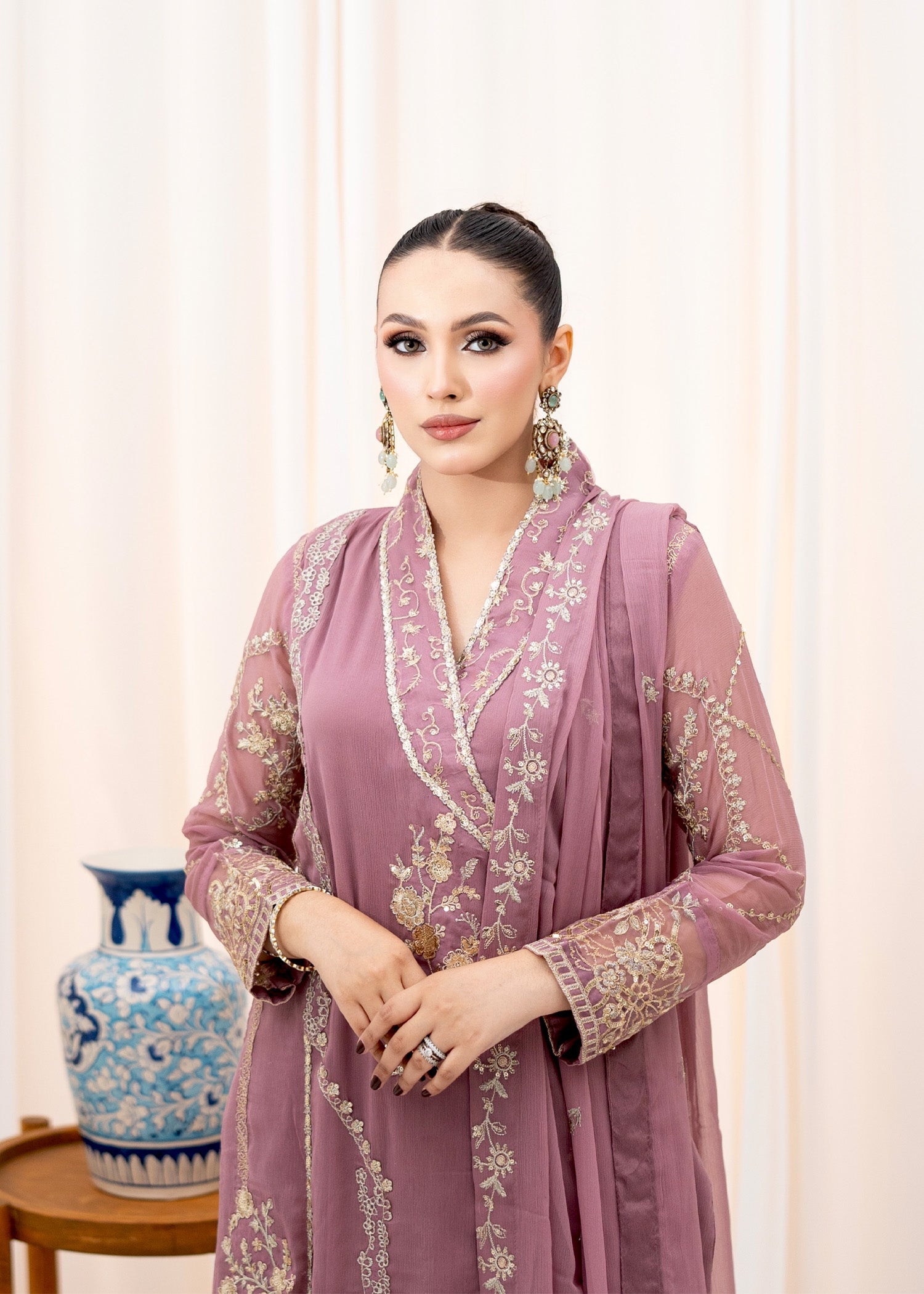 Pakistani Tea Rose Pink Embroidered Chiffon Angrakha (3-Piece) - Image 5