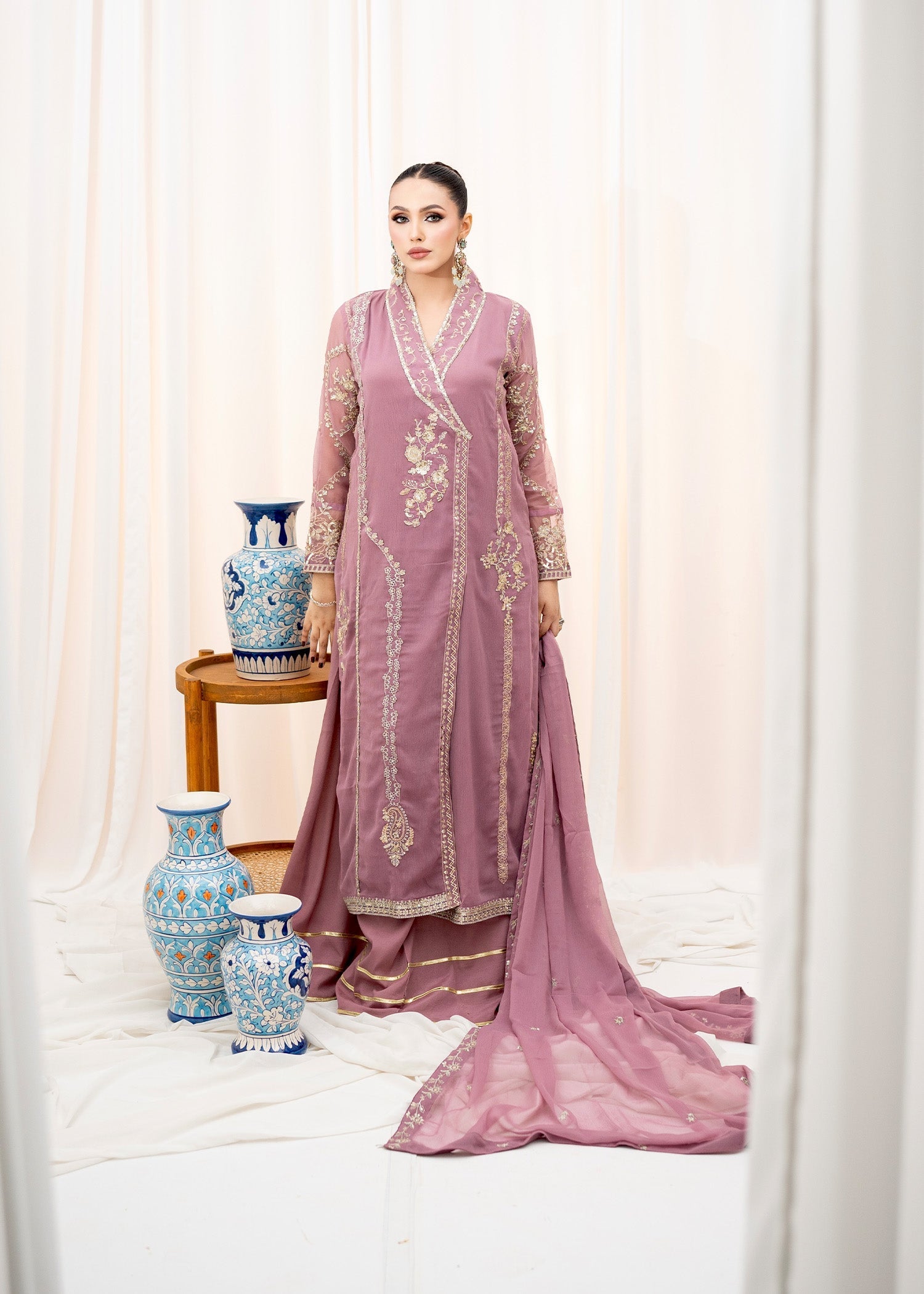 Pakistani Tea Rose Pink Embroidered Chiffon Angrakha (3-Piece) - Image 6