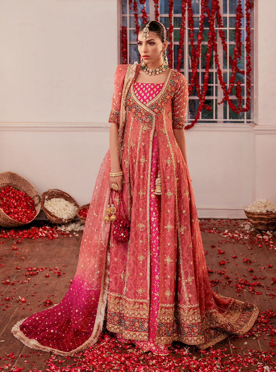 Pakistani Rose Pink Zardozi Chiffon Angrakha Dress (3-Piece) - Image 1