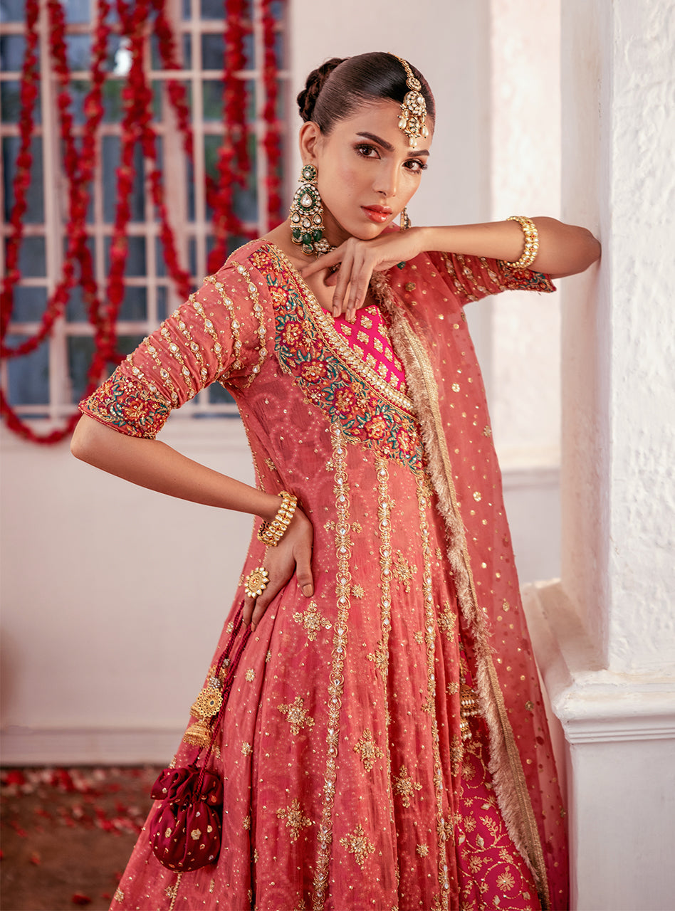 Pakistani Rose Pink Zardozi Chiffon Angrakha Dress (3-Piece) - Image 10