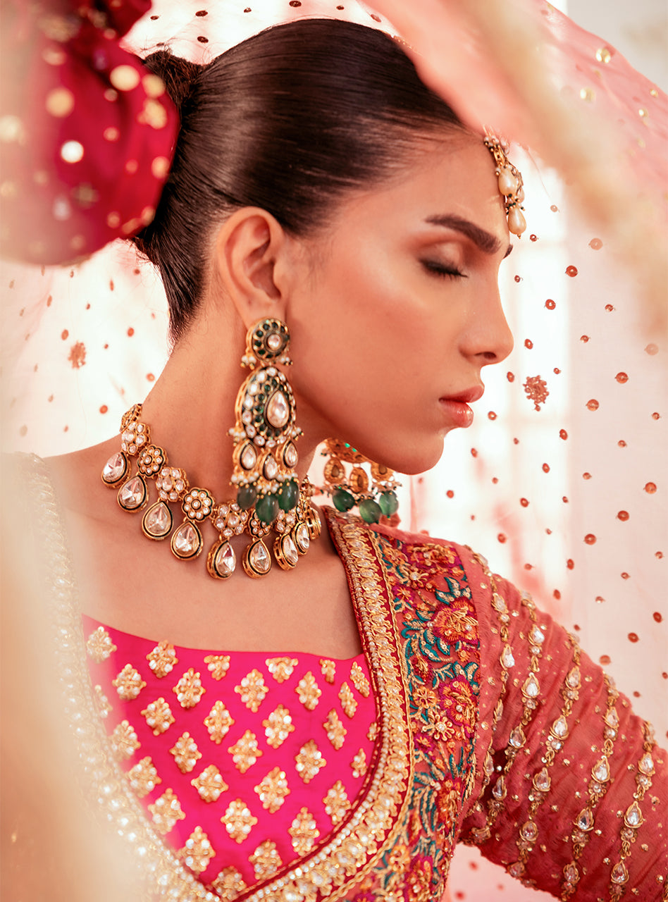 Pakistani Rose Pink Zardozi Chiffon Angrakha Dress (3-Piece) - Image 12