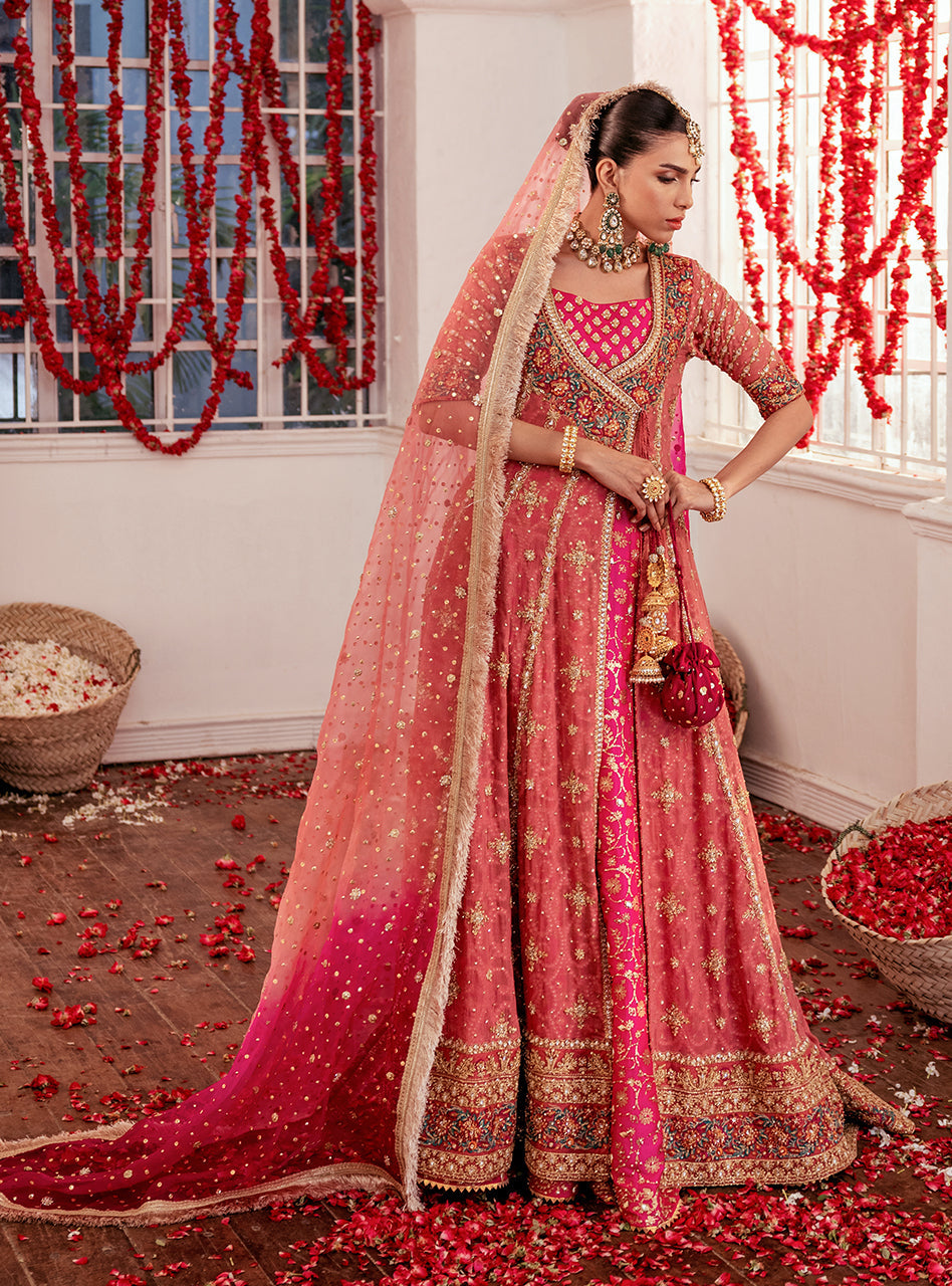 Pakistani Rose Pink Zardozi Chiffon Angrakha Dress (3-Piece) - Image 13
