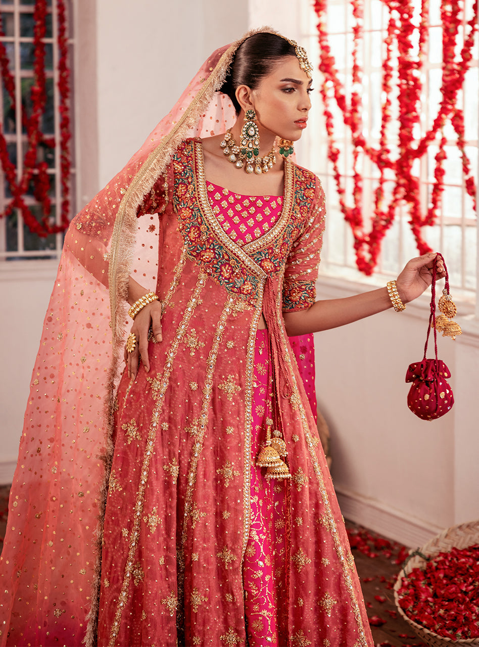 Pakistani Rose Pink Zardozi Chiffon Angrakha Dress (3-Piece) - Image 14