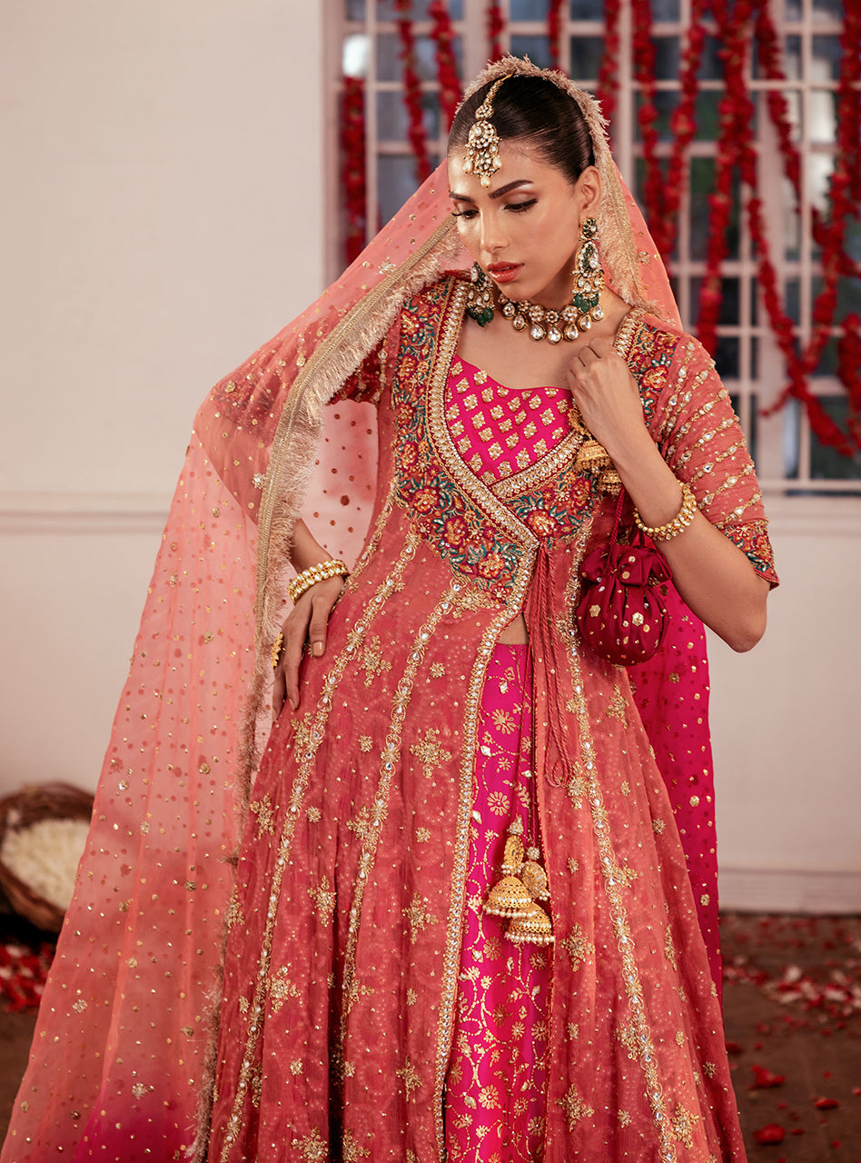 Pakistani Rose Pink Zardozi Chiffon Angrakha Dress (3-Piece) - Image 15