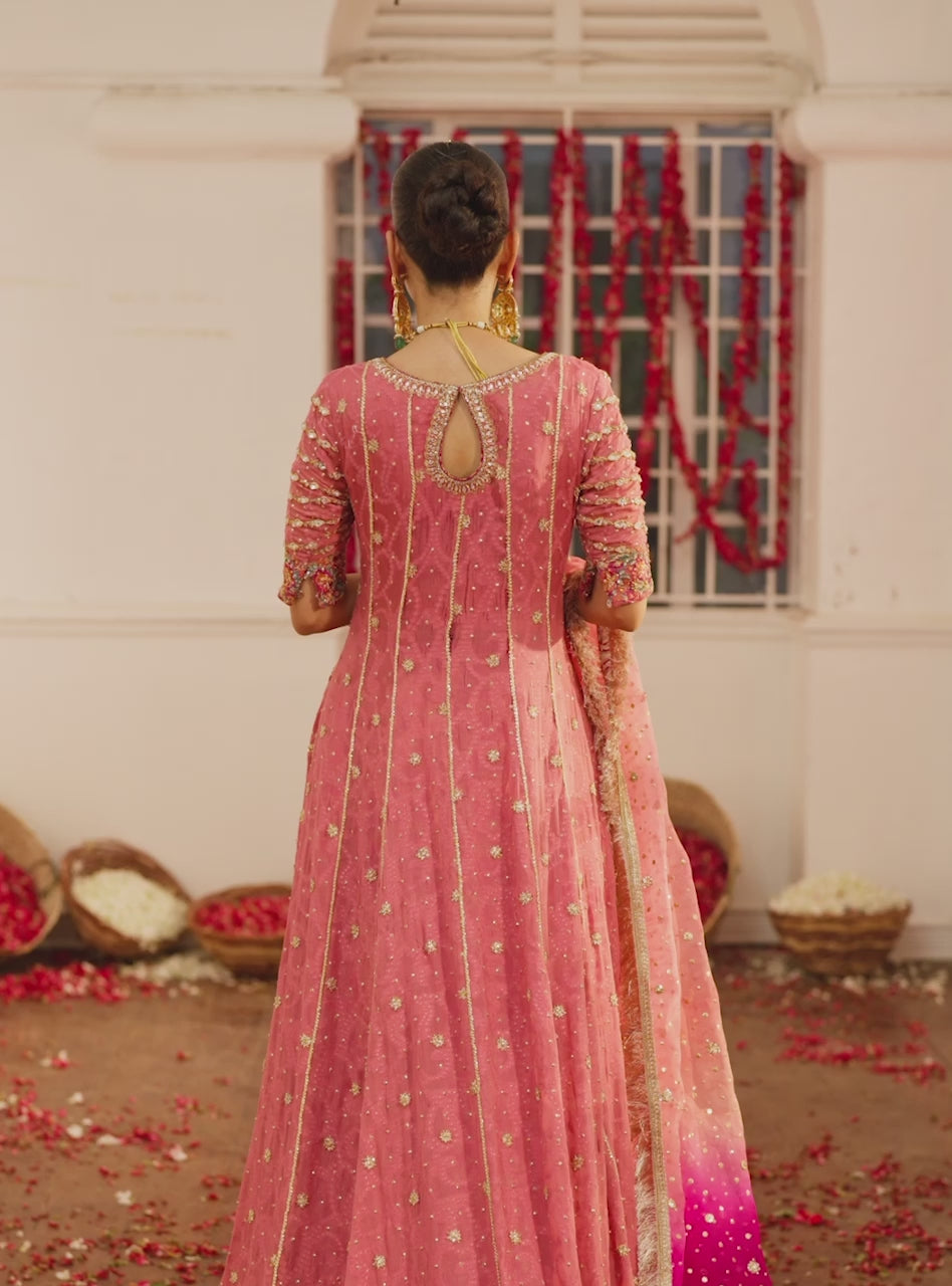 Pakistani Rose Pink Zardozi Chiffon Angrakha Dress (3-Piece) - Image 16