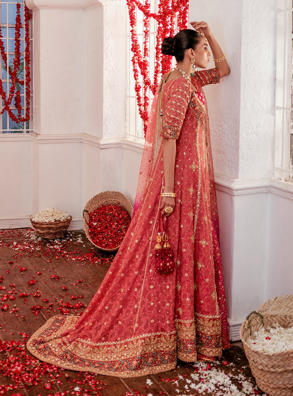 Pakistani Rose Pink Zardozi Chiffon Angrakha Dress (3-Piece) - Image 2