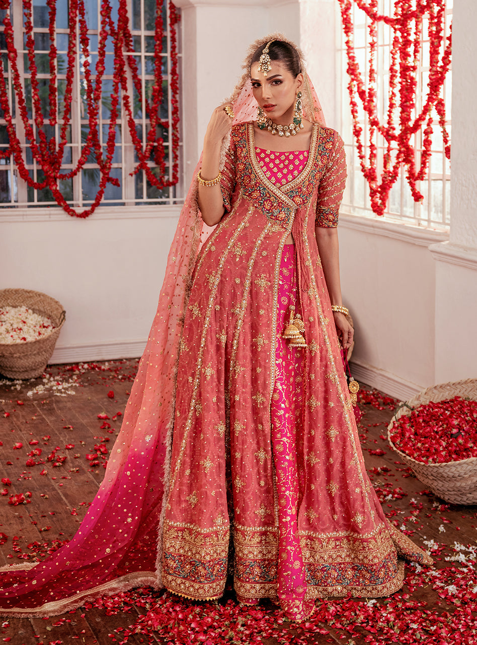 Pakistani Rose Pink Zardozi Chiffon Angrakha Dress (3-Piece) - Image 3