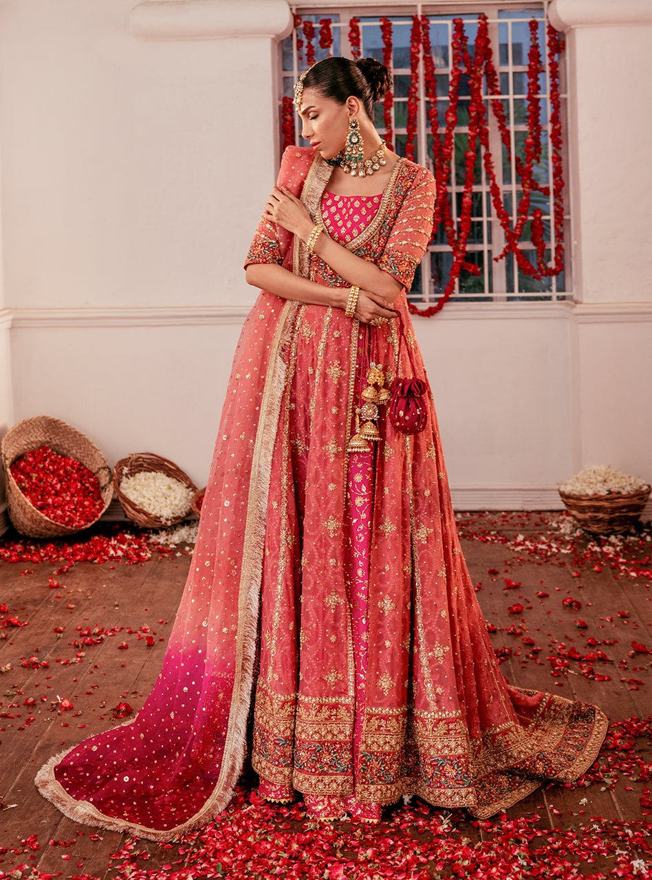 Pakistani Rose Pink Zardozi Chiffon Angrakha Dress (3-Piece) - Image 4