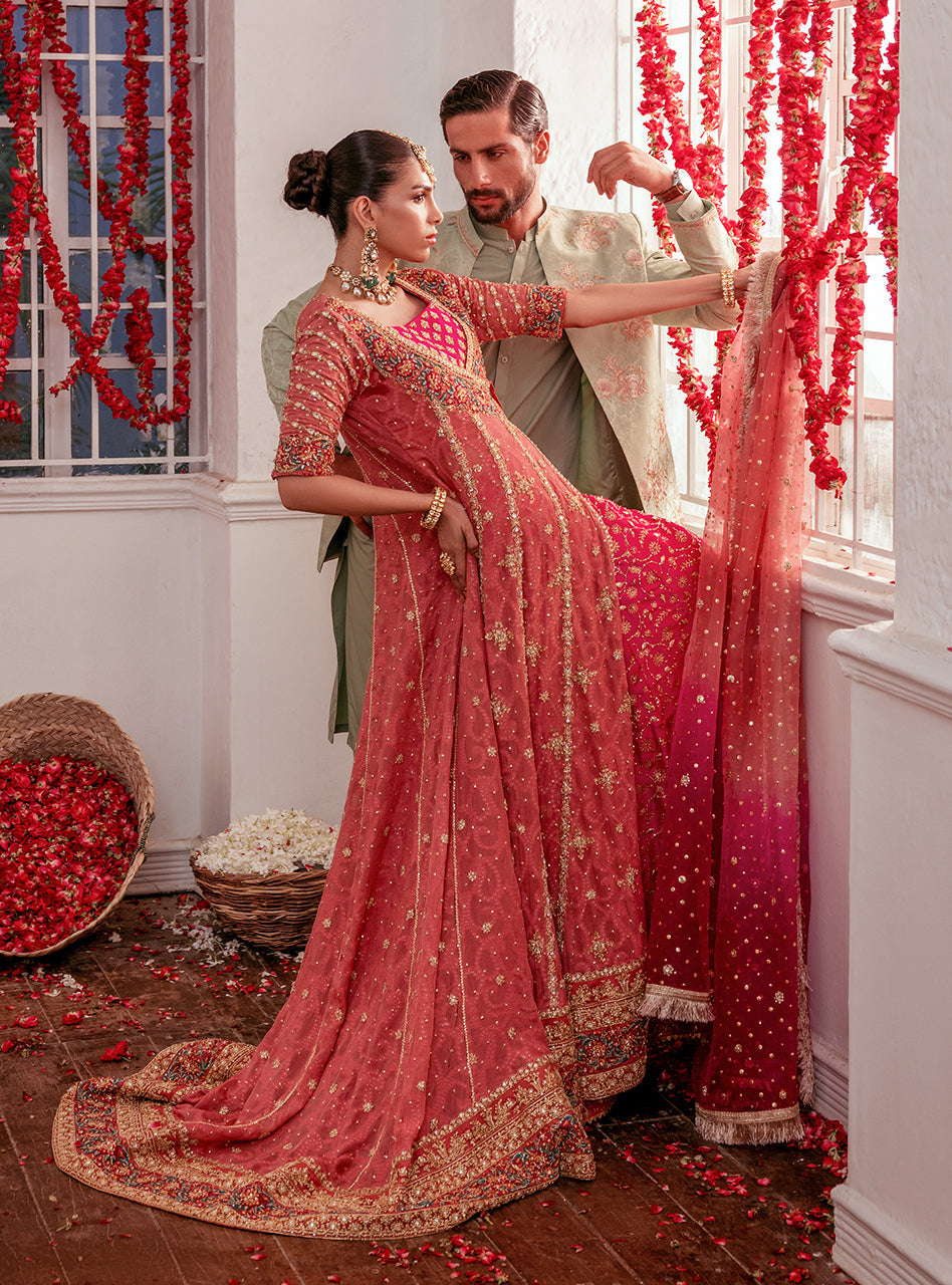 Pakistani Rose Pink Zardozi Chiffon Angrakha Dress (3-Piece) - Image 6