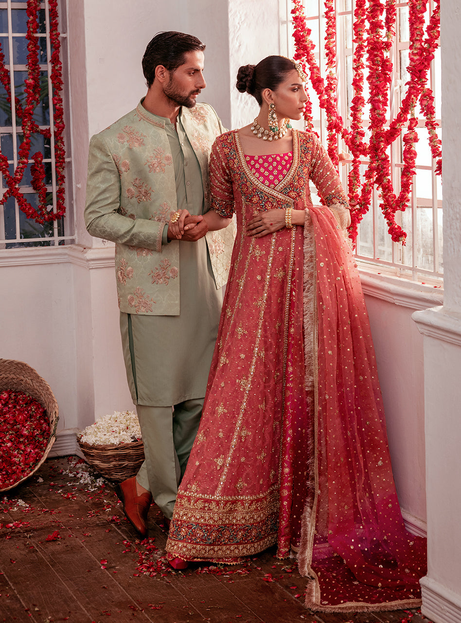 Pakistani Rose Pink Zardozi Chiffon Angrakha Dress (3-Piece) - Image 7