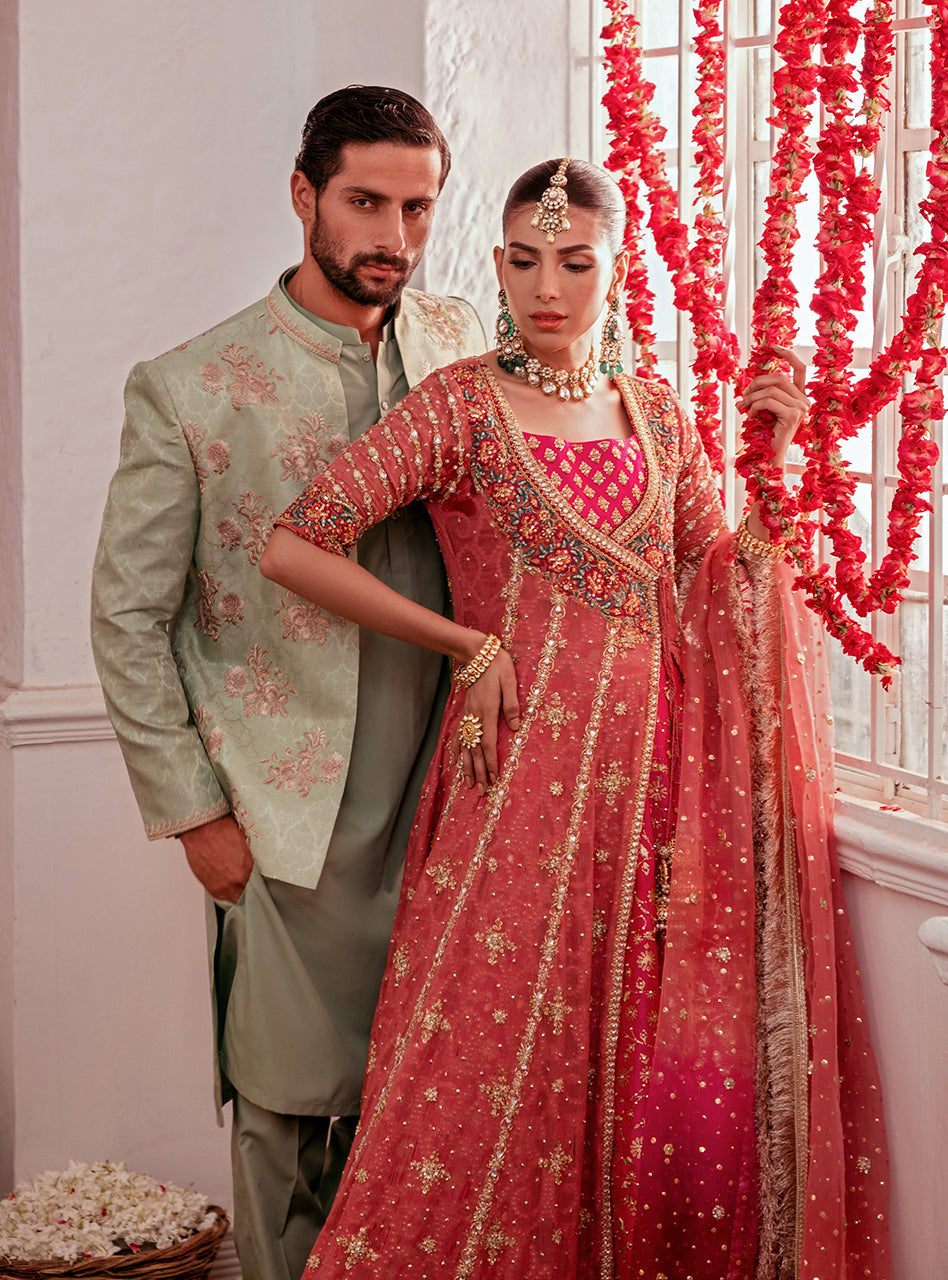 Pakistani Rose Pink Zardozi Chiffon Angrakha Dress (3-Piece) - Image 8