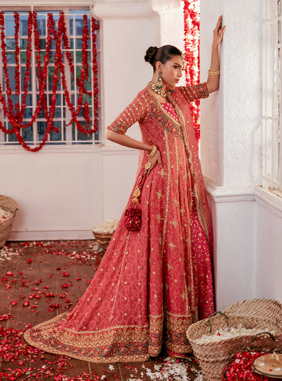 Pakistani Rose Pink Zardozi Chiffon Angrakha Dress (3-Piece) - Image 9