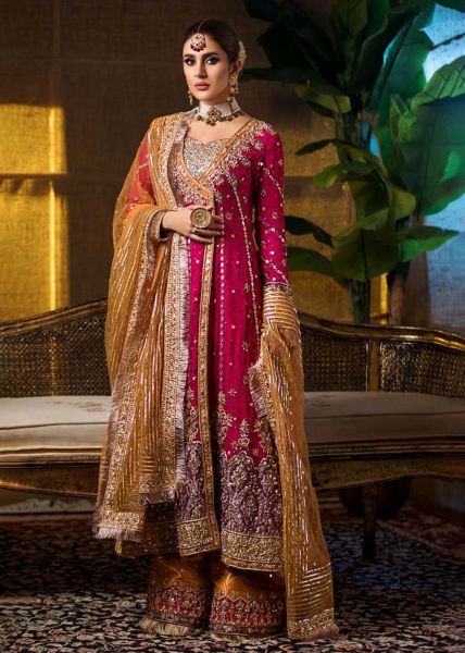 Deep Pink Kamdani Chiffon Angrakha (3-Piece) - Image 1