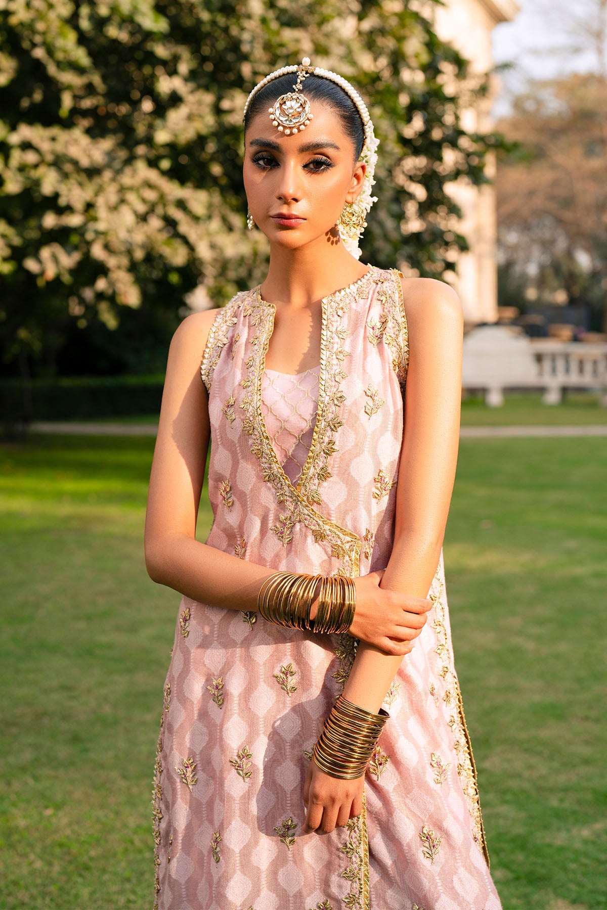 Pakistani Powder Pink Embroidered Cotton Net Angrakha (2-Piece) - Image 3