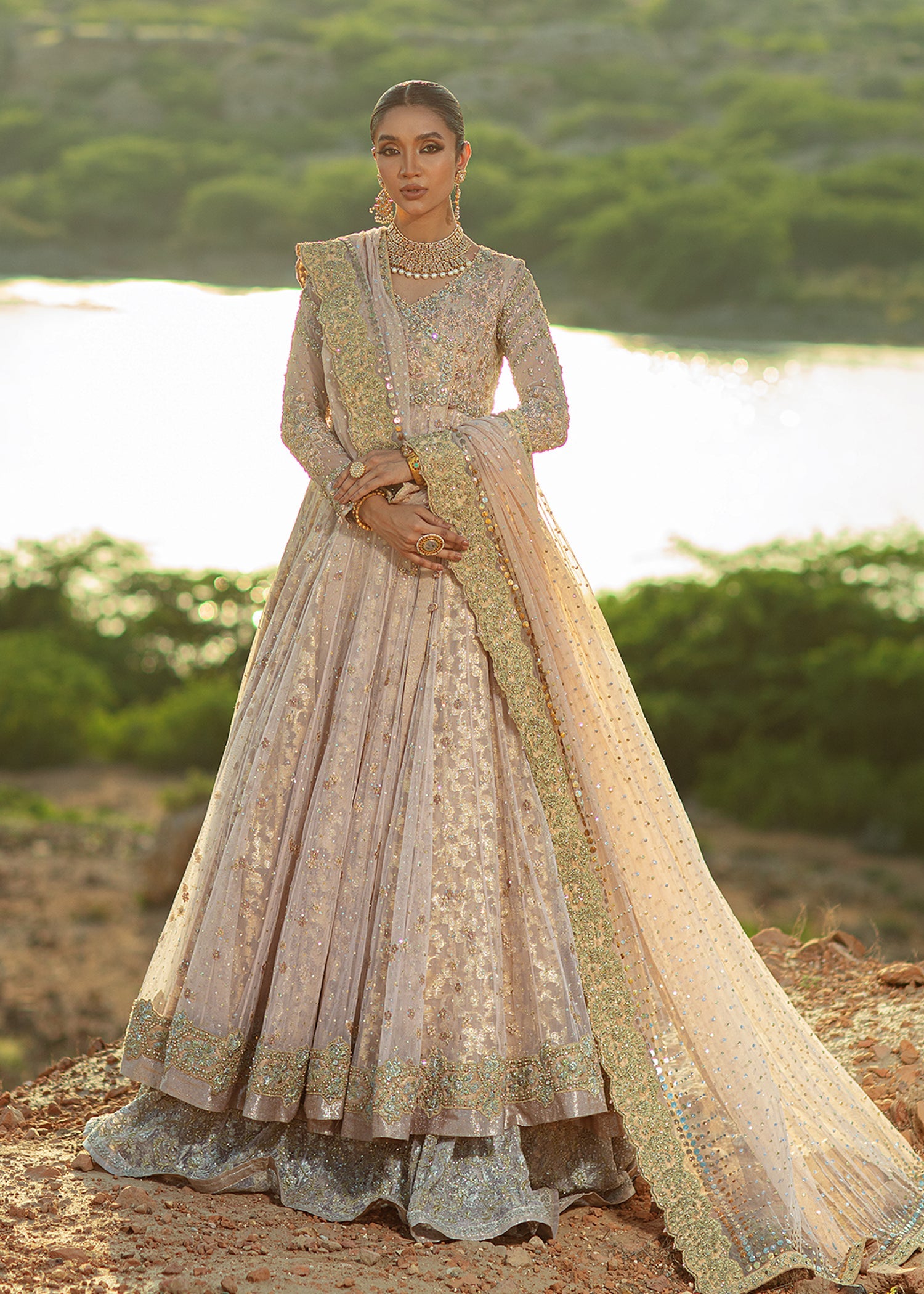 Flamingo Pink Embellished French Net Angrakha (3-Piece) - Image 1