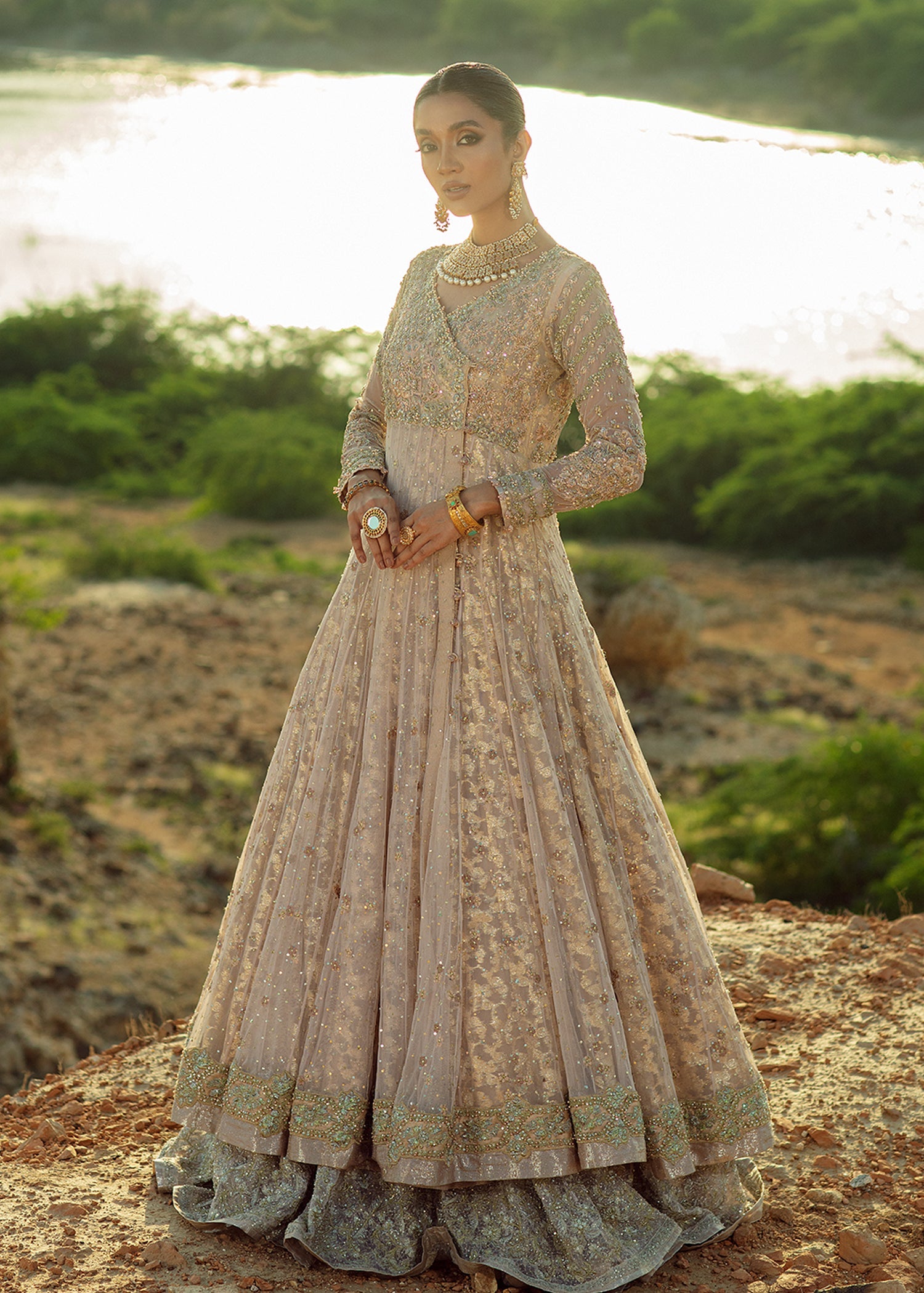 Flamingo Pink Embellished French Net Angrakha (3-Piece) - Image 3