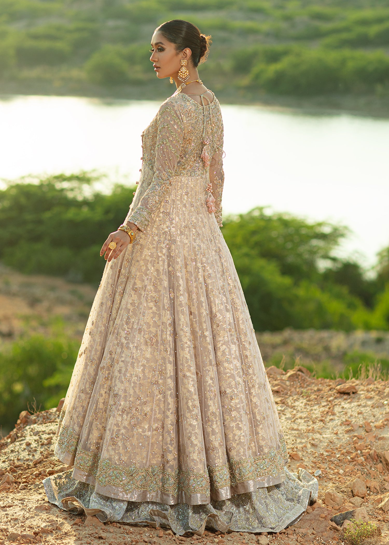 Flamingo Pink Embellished French Net Angrakha (3-Piece) - Image 4