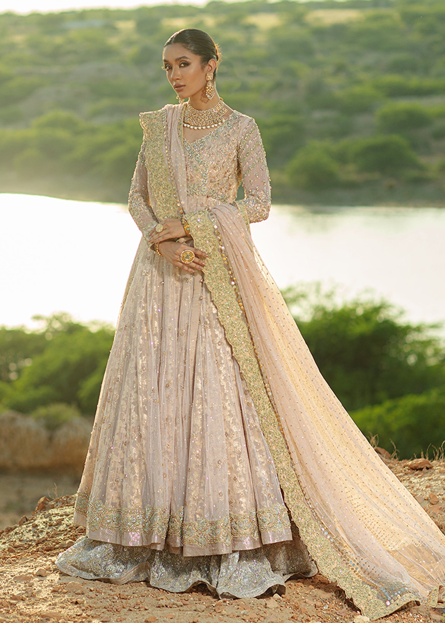 Flamingo Pink Embellished French Net Angrakha (3-Piece) - Image 5