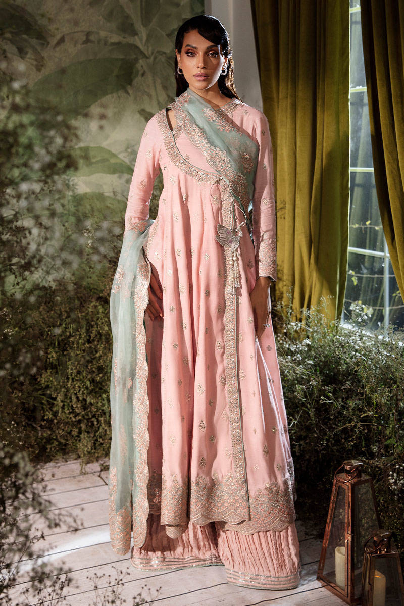 Powder Pink Embroidered Georgette Angrakha (3-Piece) - Image 1