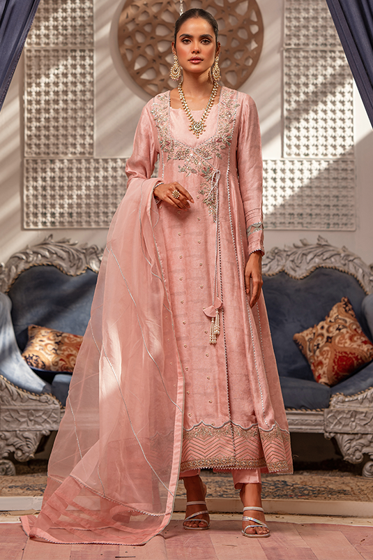Blush Pink Hand Embellished Jacquard Angrakha (3-Piece) - Image 2