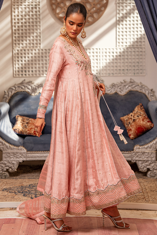 Blush Pink Hand Embellished Jacquard Angrakha (3-Piece) - Image 3