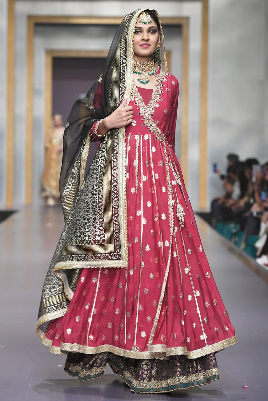 Pakistani Pink Embroidered Badla Boti Angharkha Dress (3-Piece) - Image 1