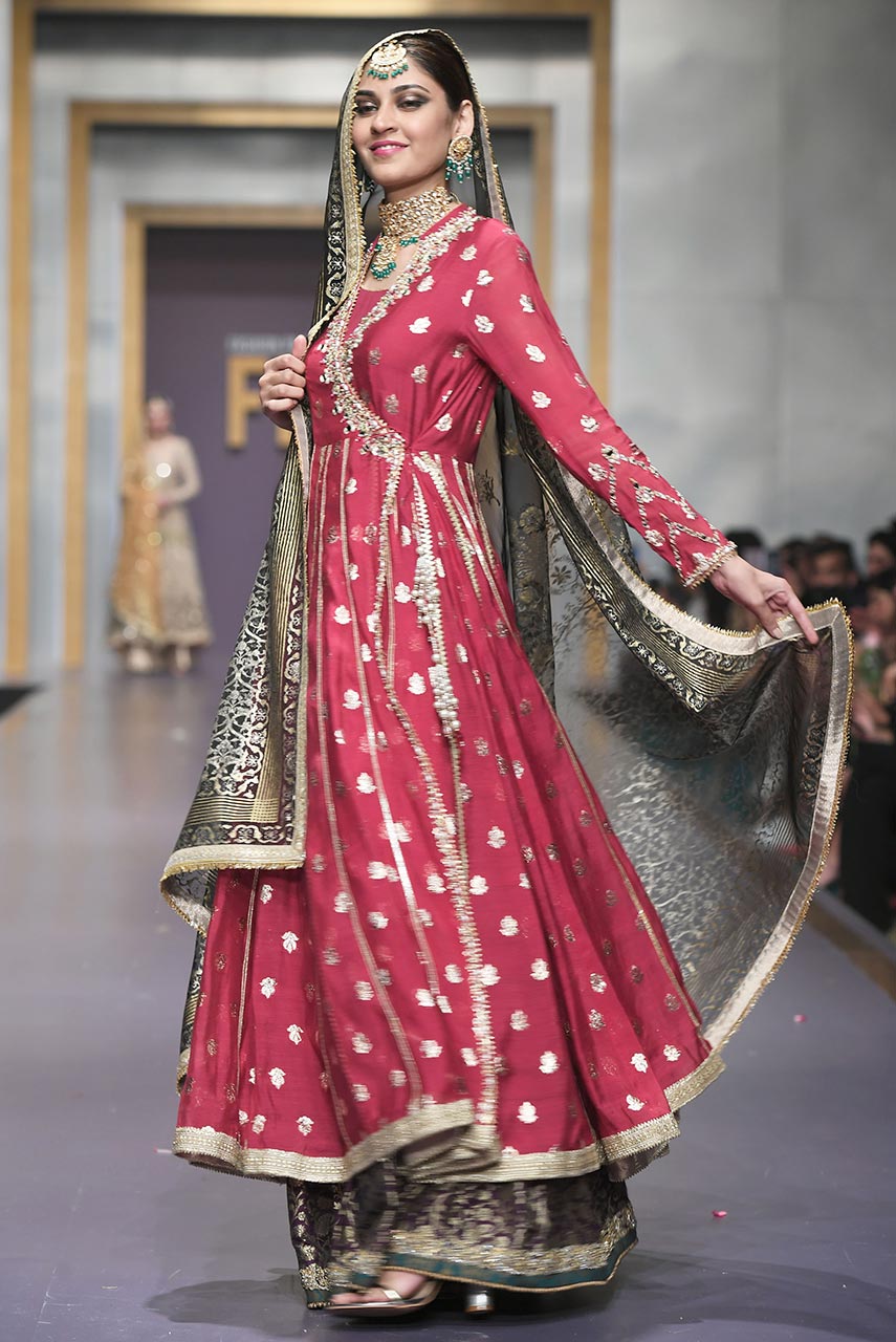 Pakistani Pink Embroidered Badla Boti Angharkha Dress (3-Piece) - Image 2