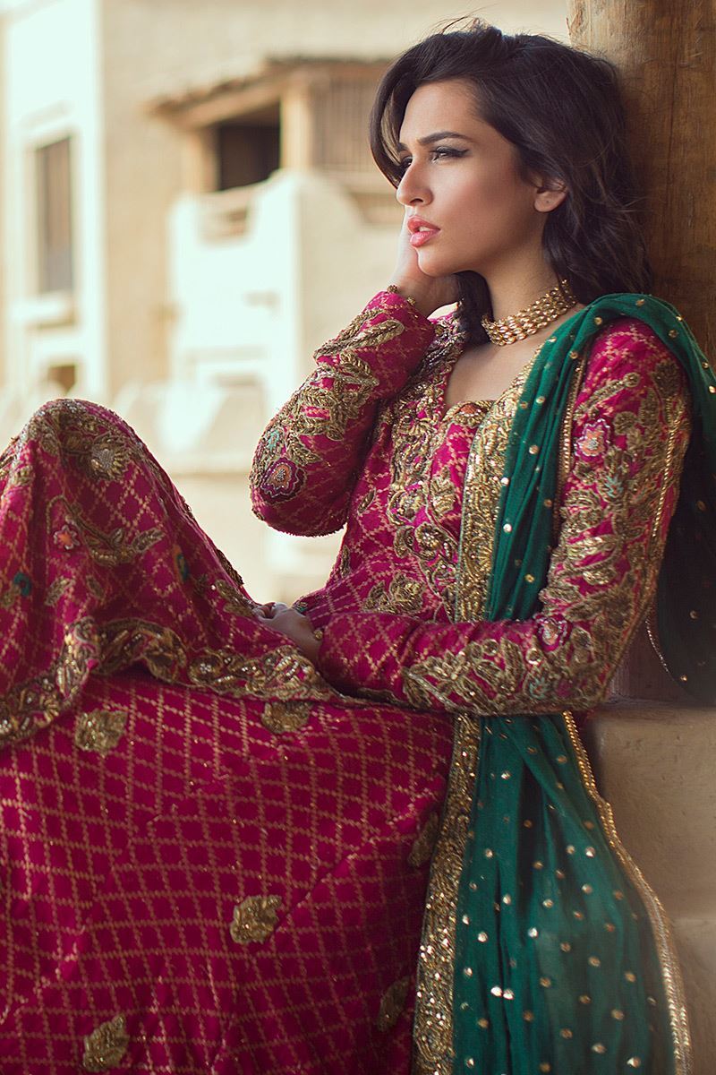 Fuchsia Zardozi Jamawar Angrakha Dress (3-Piece) - Image 1