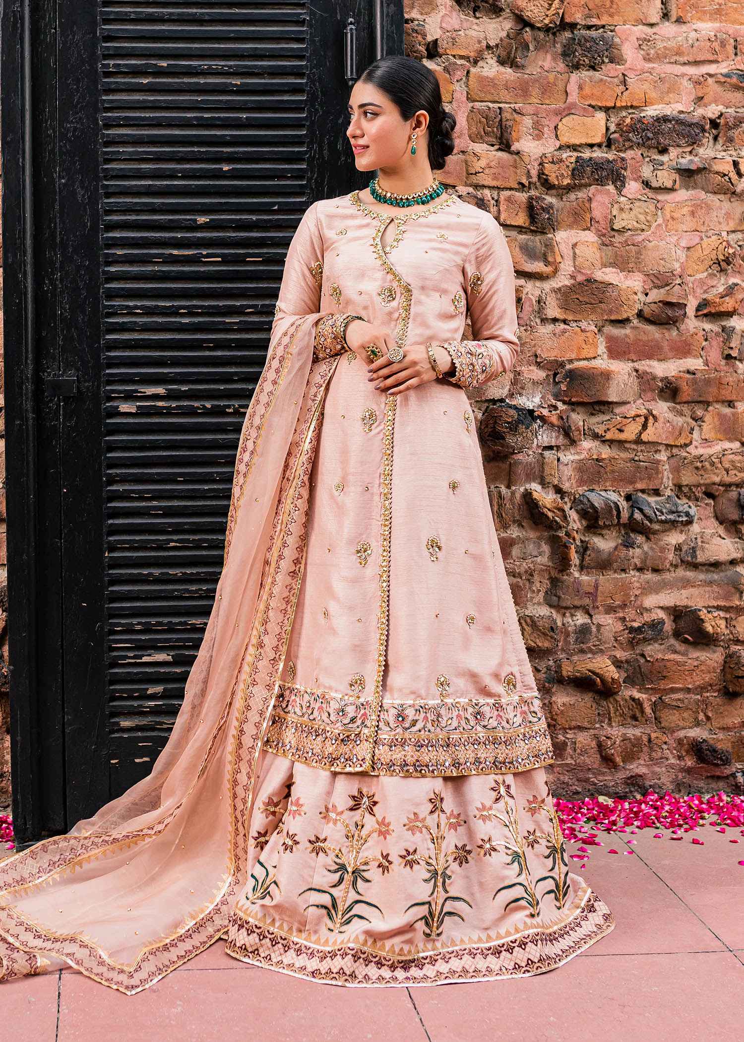 Pakistani Tea Pink Embroidered Korean Raw Silk Angrakha (3-Piece) - Image 2