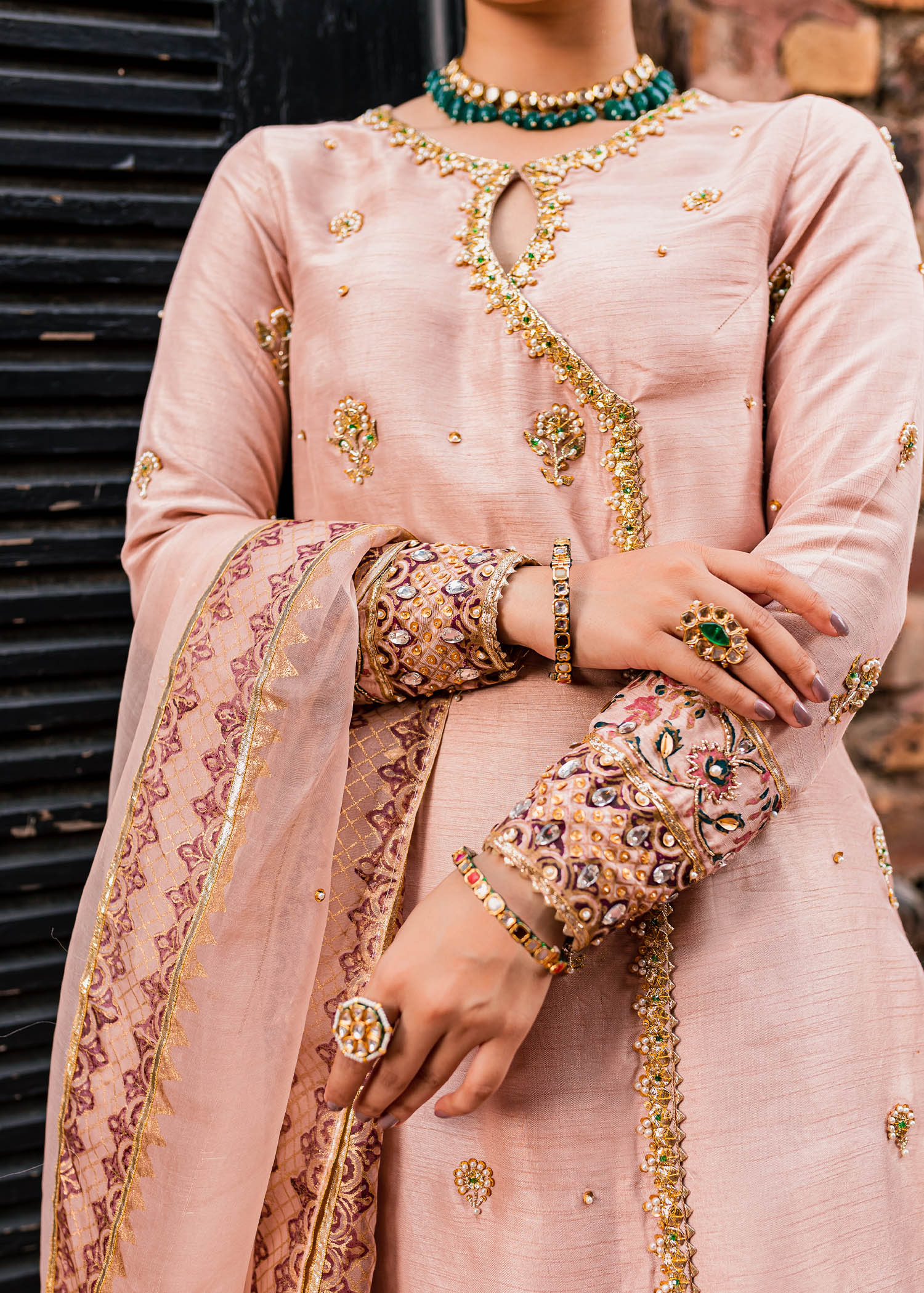 Pakistani Tea Pink Embroidered Korean Raw Silk Angrakha (3-Piece) - Image 3