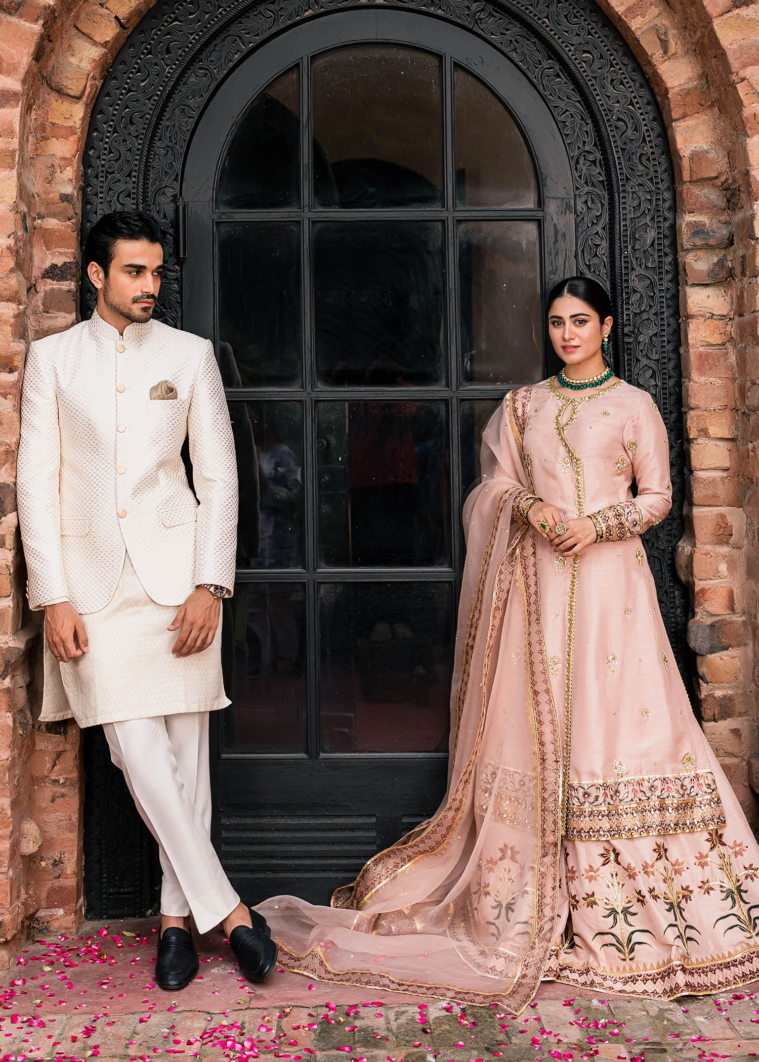 Pakistani Tea Pink Embroidered Korean Raw Silk Angrakha (3-Piece) - Image 4