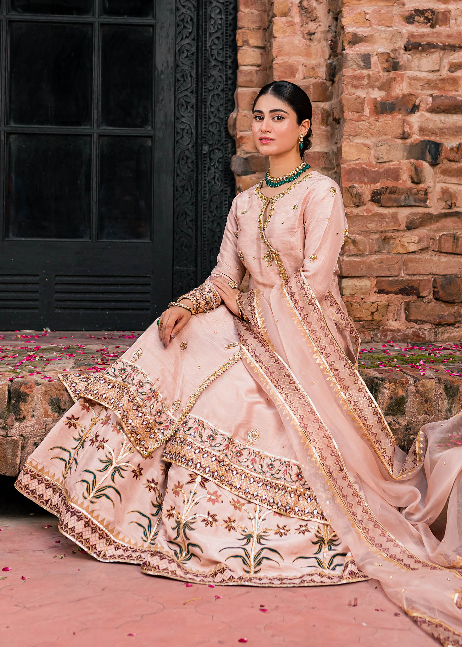 Pakistani Tea Pink Embroidered Korean Raw Silk Angrakha (3-Piece) - Image 5