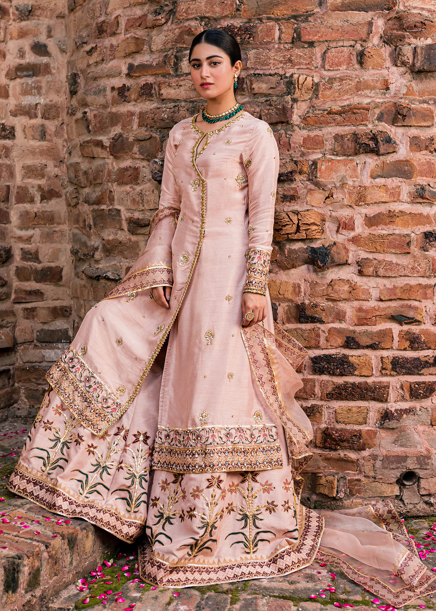 Pakistani Tea Pink Embroidered Korean Raw Silk Angrakha (3-Piece) - Image 6