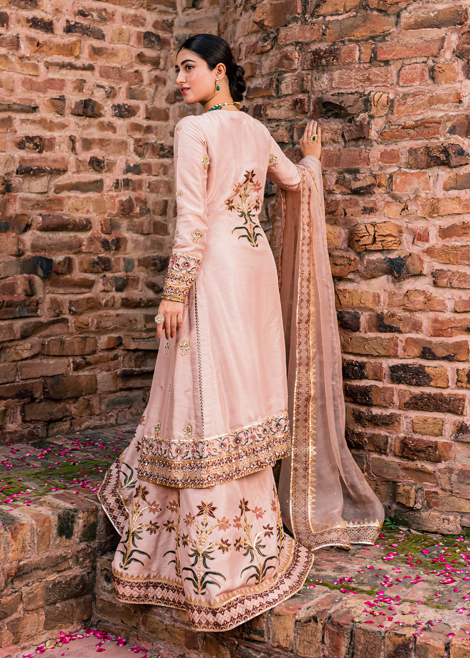 Pakistani Tea Pink Embroidered Korean Raw Silk Angrakha (3-Piece) - Image 7