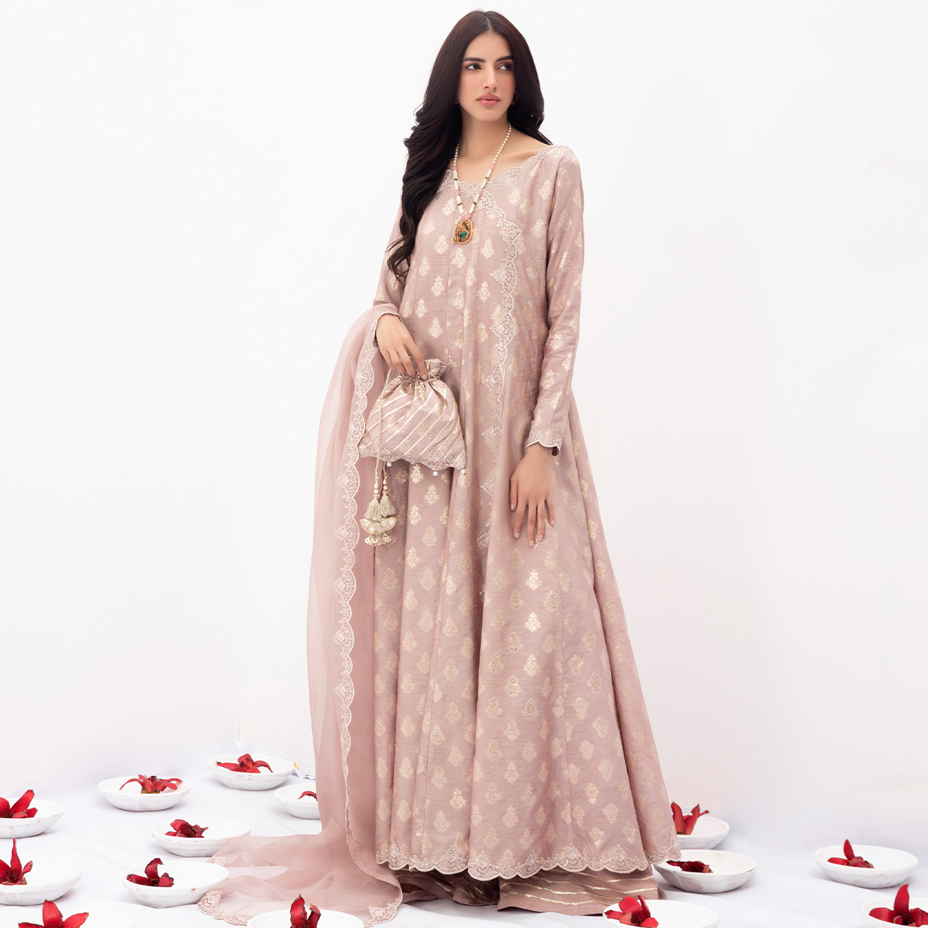 Pakistani Blush Mauve Zari Silk Kalidaar Angrakha (4-Piece) - Image 1