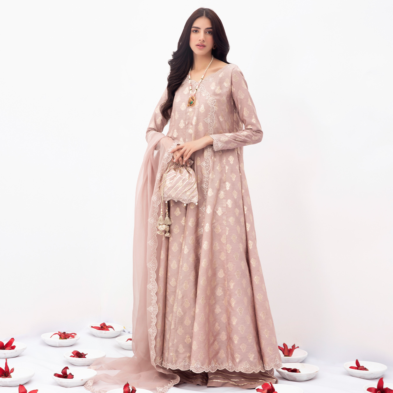 Pakistani Blush Mauve Zari Silk Kalidaar Angrakha (4-Piece) - Image 3