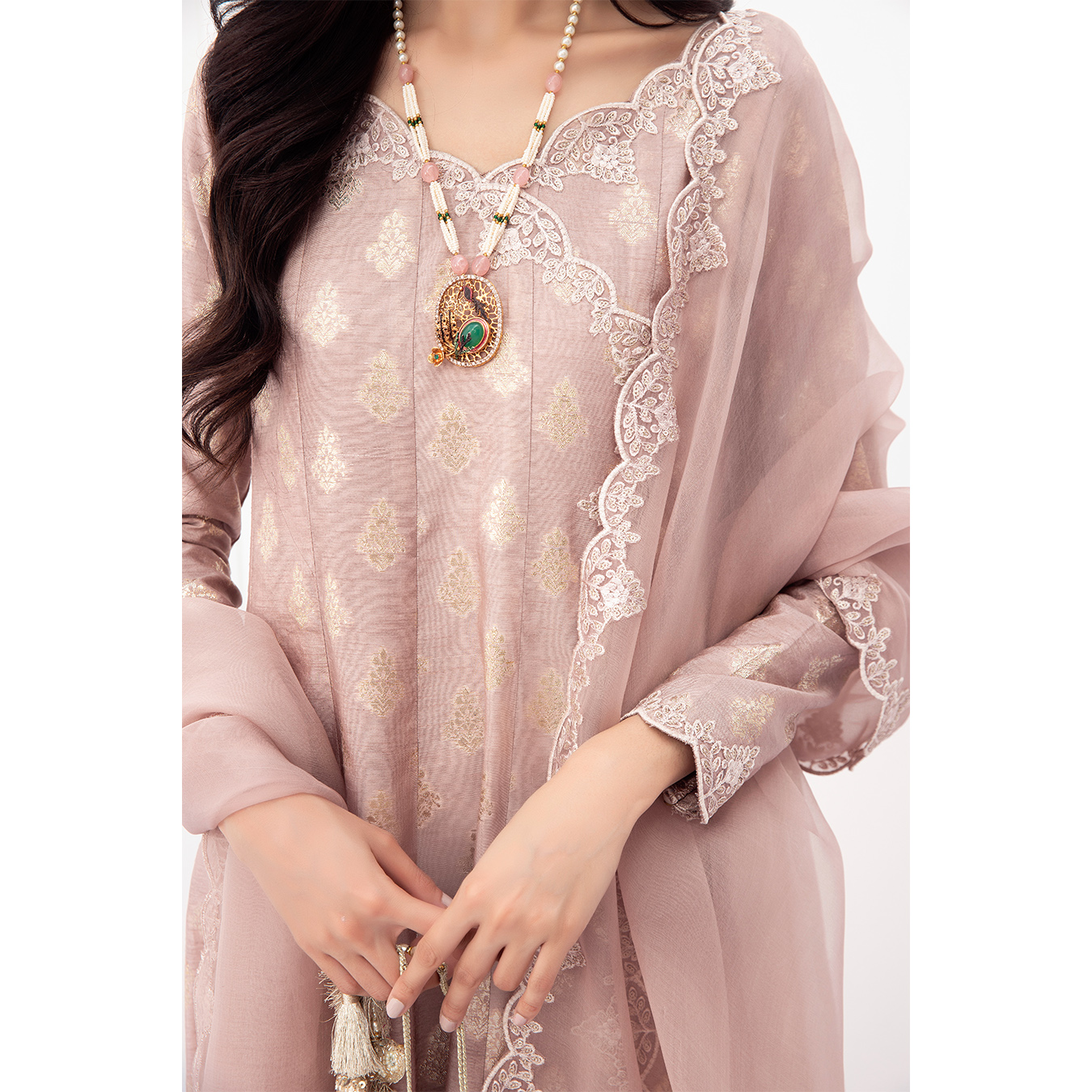 Pakistani Blush Mauve Zari Silk Kalidaar Angrakha (4-Piece) - Image 4