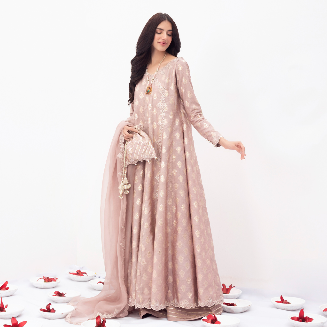 Pakistani Blush Mauve Zari Silk Kalidaar Angrakha (4-Piece) - Image 5