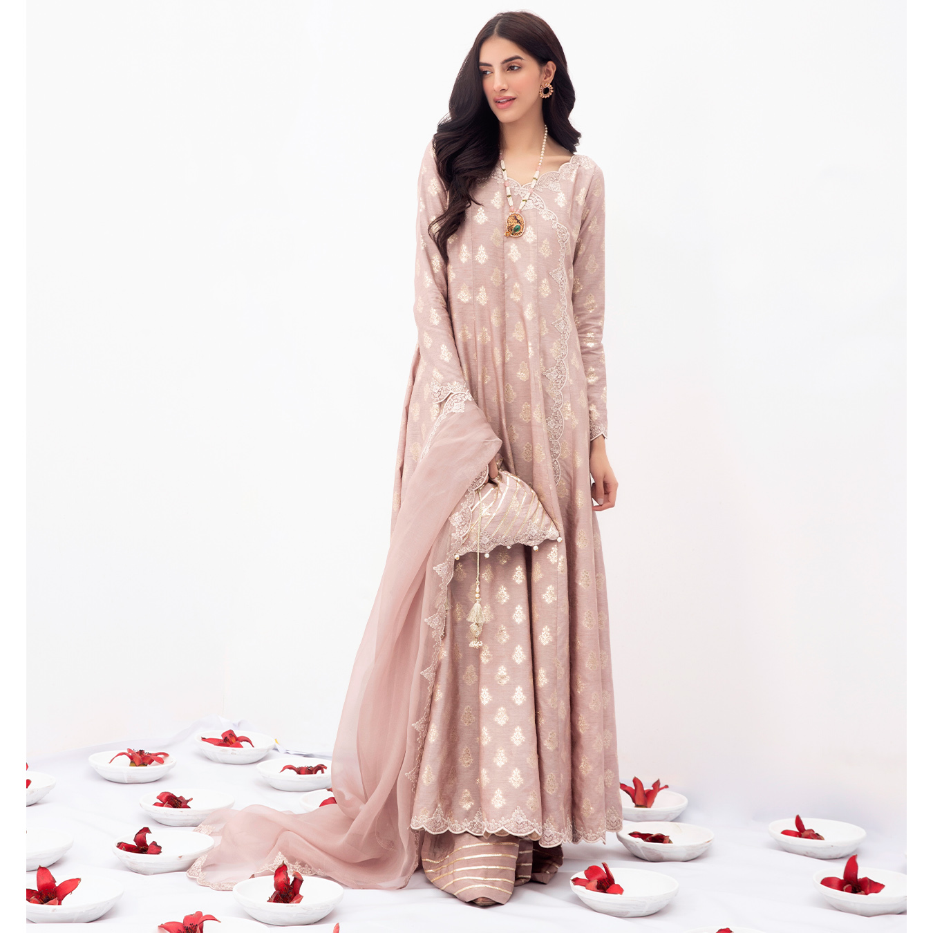 Pakistani Blush Mauve Zari Silk Kalidaar Angrakha (4-Piece) - Image 7