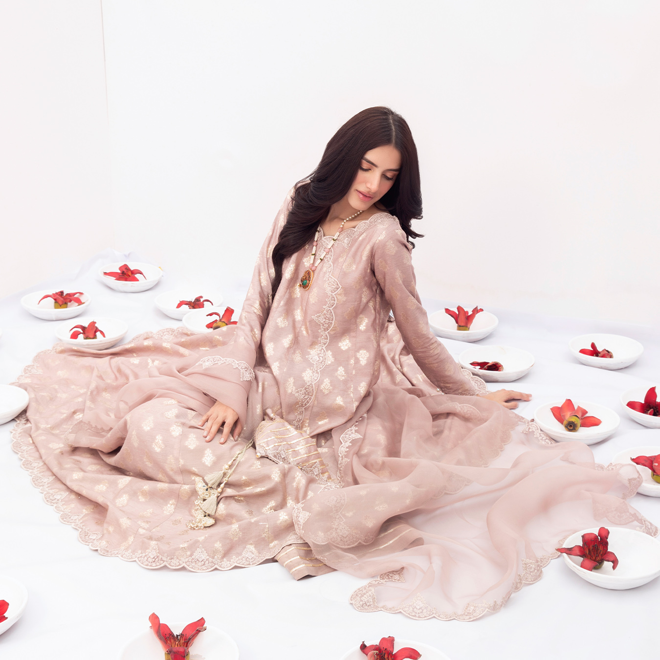 Pakistani Blush Mauve Zari Silk Kalidaar Angrakha (4-Piece) - Image 8