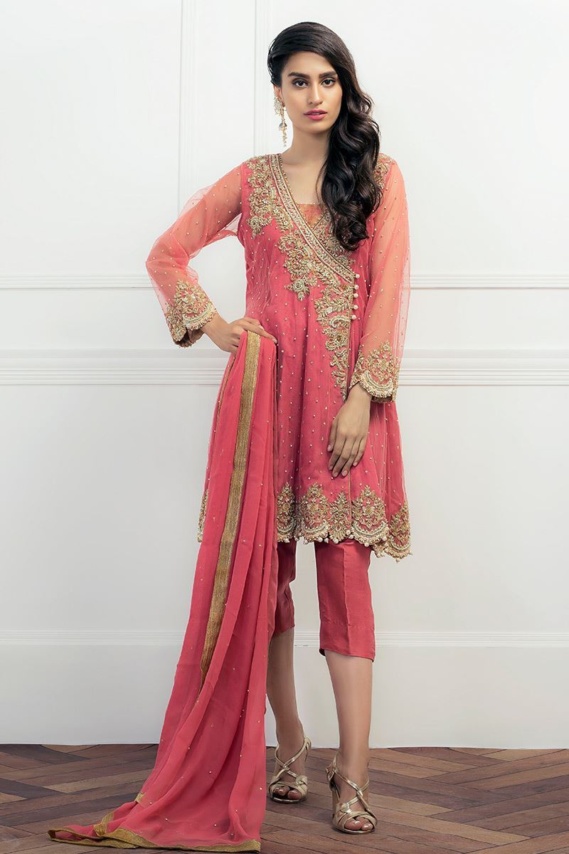 Pakistani Blush Pink Embroidered Net Angrakha (3-Piece) - Image 1