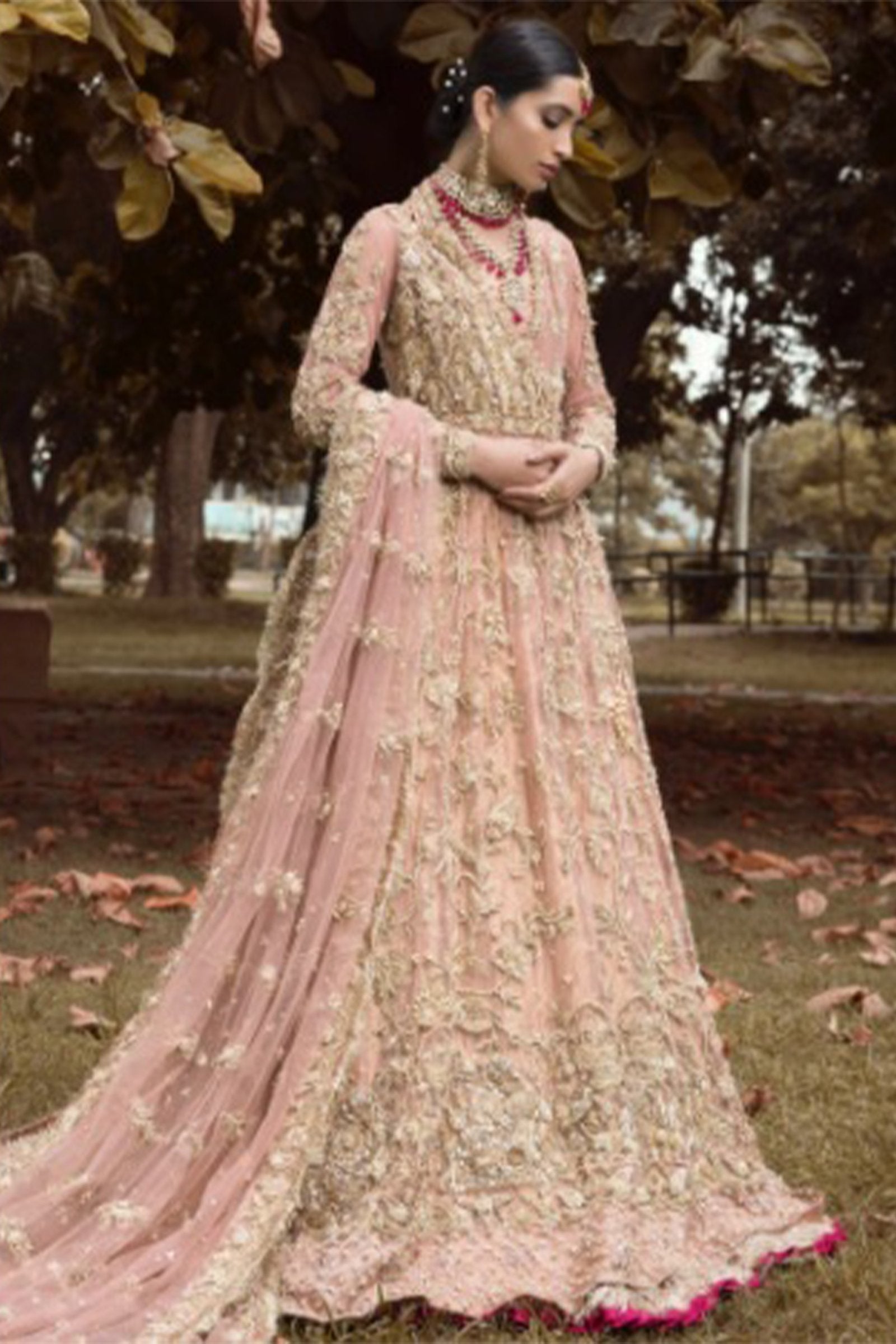 Pakistani Bubble Pink Hand Embellished Net Angrakha Gown (3-Piece) - Image 1