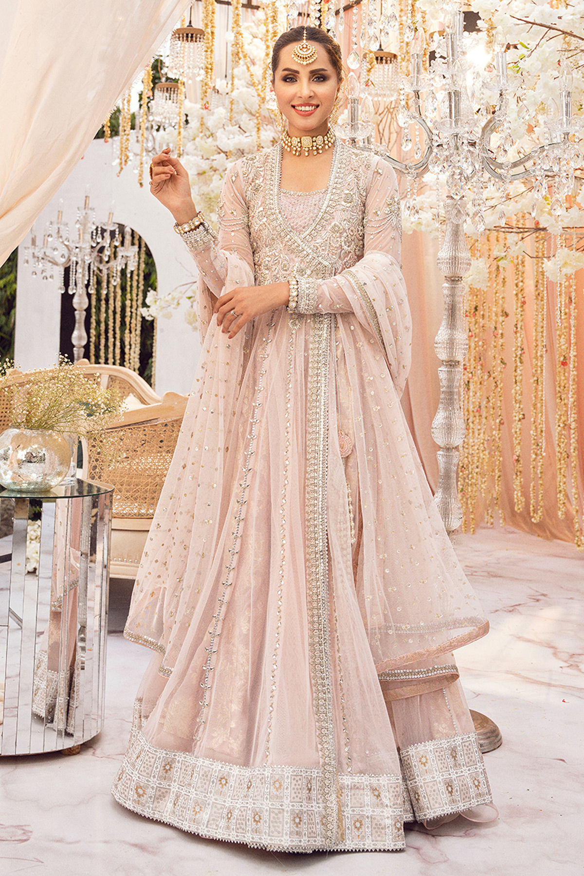 Blush Pink Zardozi Net Angrakha Dress (3-Piece) - Image 1