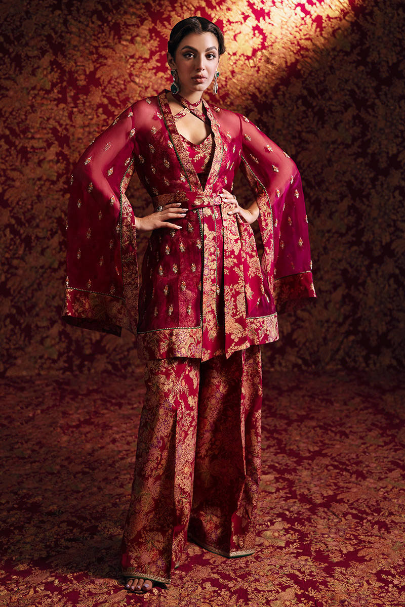 Pakistani Fuchsia Hand-Embellished Organza & Silk Wrap Set (2-Piece) - Image 1