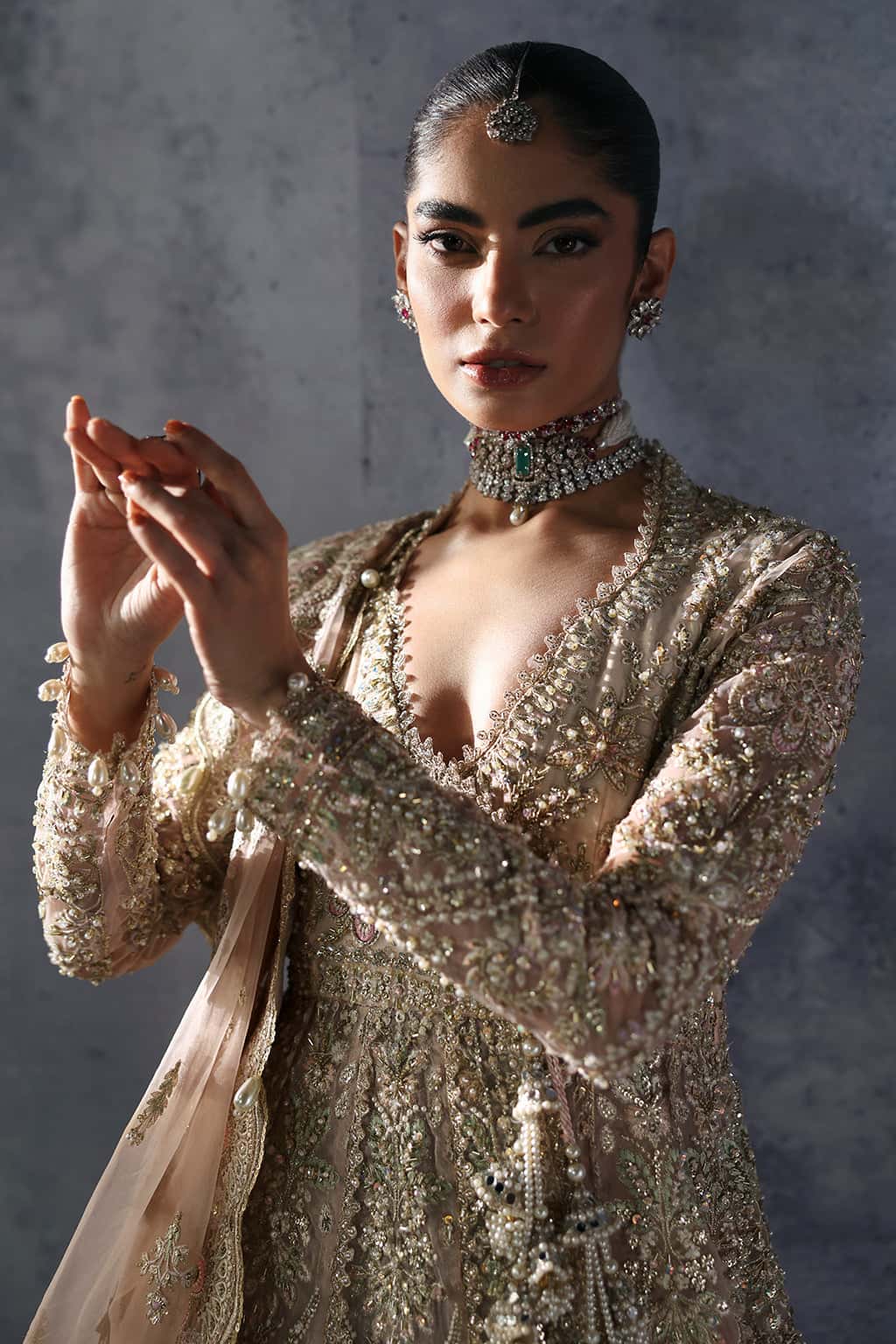 Pakistani Peach Pink Hand-Embellished Organza Angrakha Gown (3-Piece) - Image 5