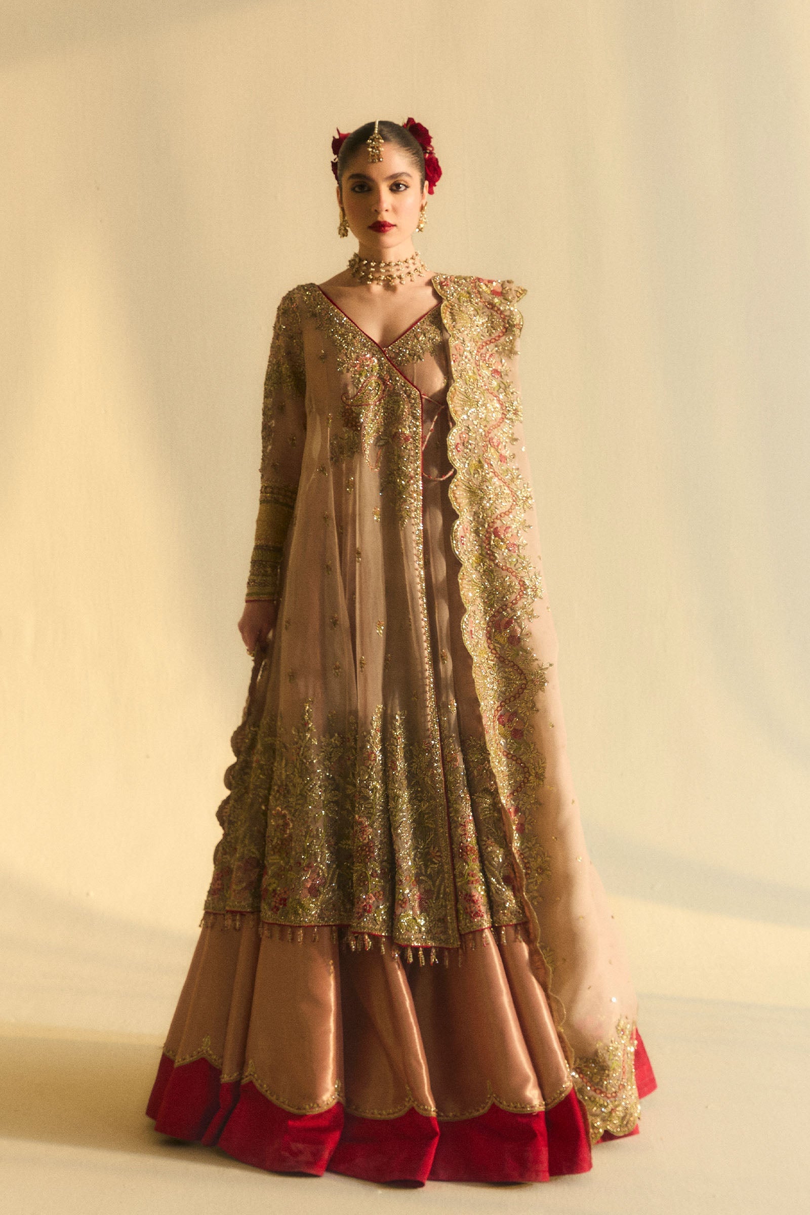 Pakistani Blush Embroidered Organza Angrakha Dress (3-Piece) - Image 1